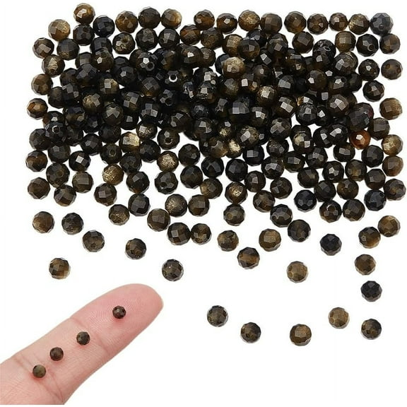 260 Pcs Natural Obsidian Beads 3mm Golden Sheen Obsidian Beads Faceted Gemstones Beads Round Loose Stone Beads Hole:0.5mm