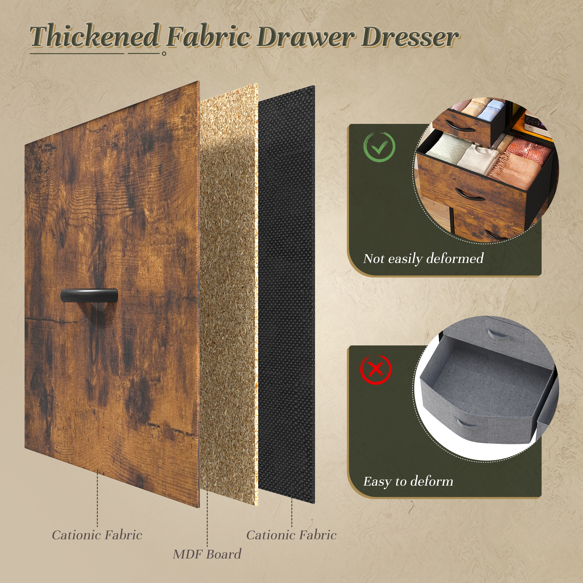 Enhomee Dresser for Bedroom with LED Lights & Charging Station Tall Chest of 10 Fabric Drawers with Storage Shelves, Rustic Brown