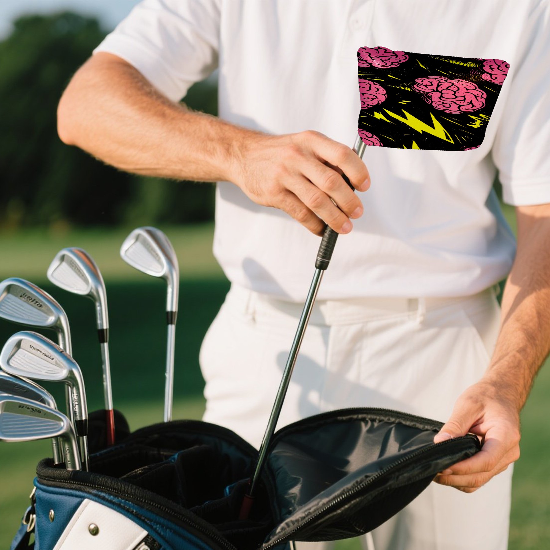 Golf Mallet Putter Cover Premium Leather Waterproof Golf Putter Head Cover with Magnetic Closure Cartoon Brain Lightning