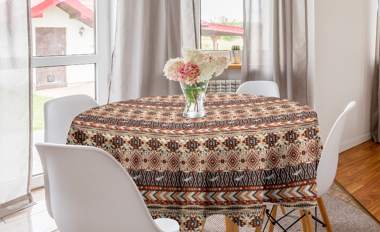 Tribal Round Tablecloth, Indigenous Art Horizontal Borders with Flying ...