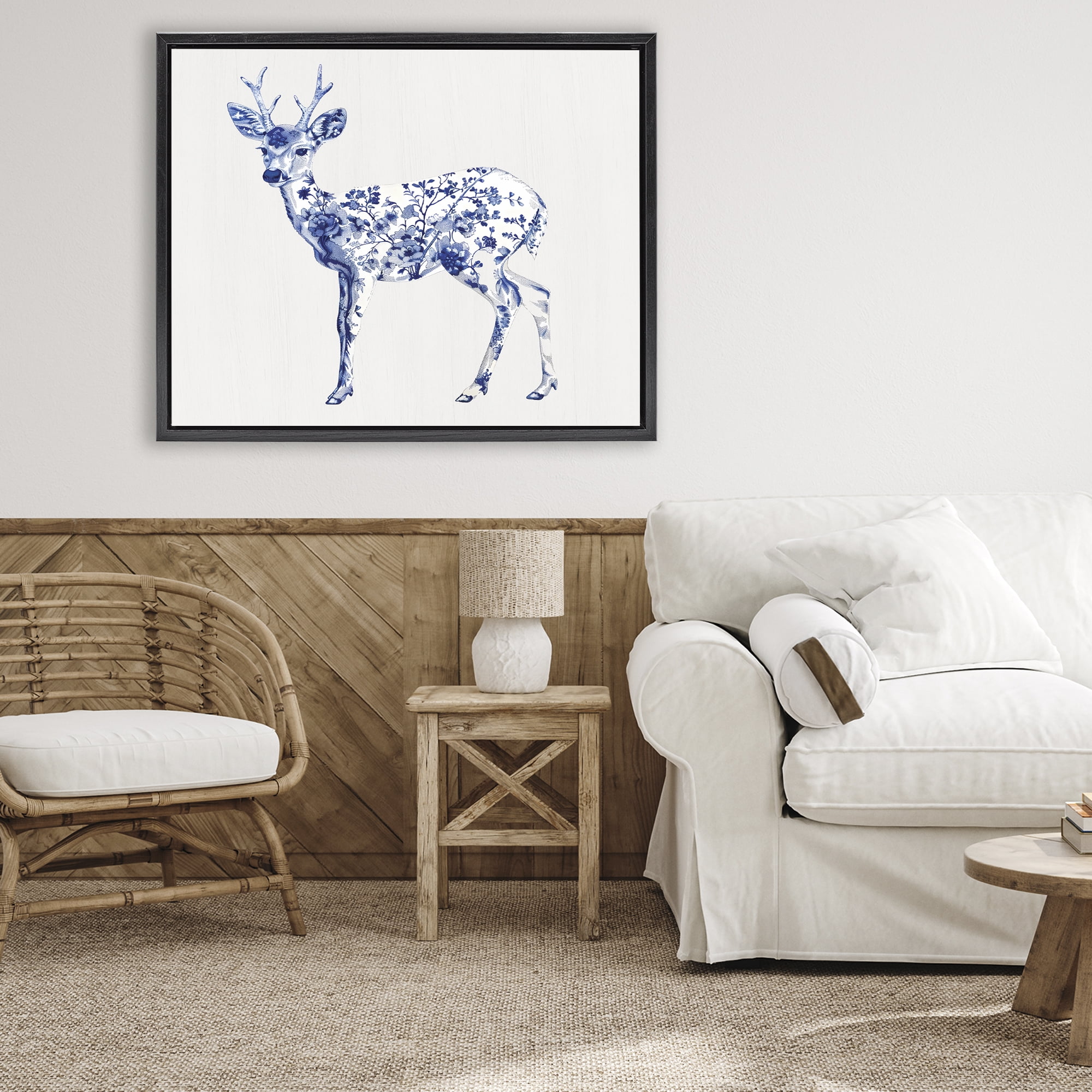 Graceful Toile Deer Black Framed Floater Canvas Wall Art, design by Lettered and Lined
