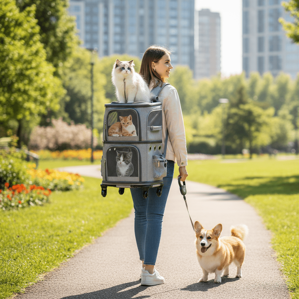 MINGYI Double-Compartment Pet Carrier with Wheels,Dog Backpack Carrier for 2 Small Dogs and Cats,Cat Rolling Carrier for Traveling/Taking a Walk/Trips to The Vet(Grey)