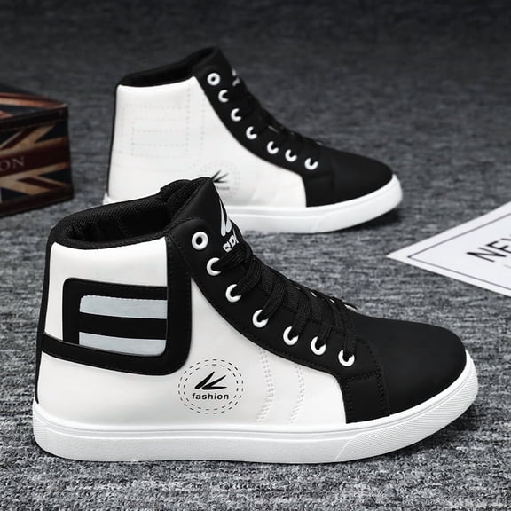 Men's High-Top Sneakers - Classic Black & Slip-Resistant Rubber Sole, Cushioned EVA Insole - Lace-Up Ankle Support Shoes for Formal, Casual, Casual Attire - Durable & White colorway, PU Upper & Easy