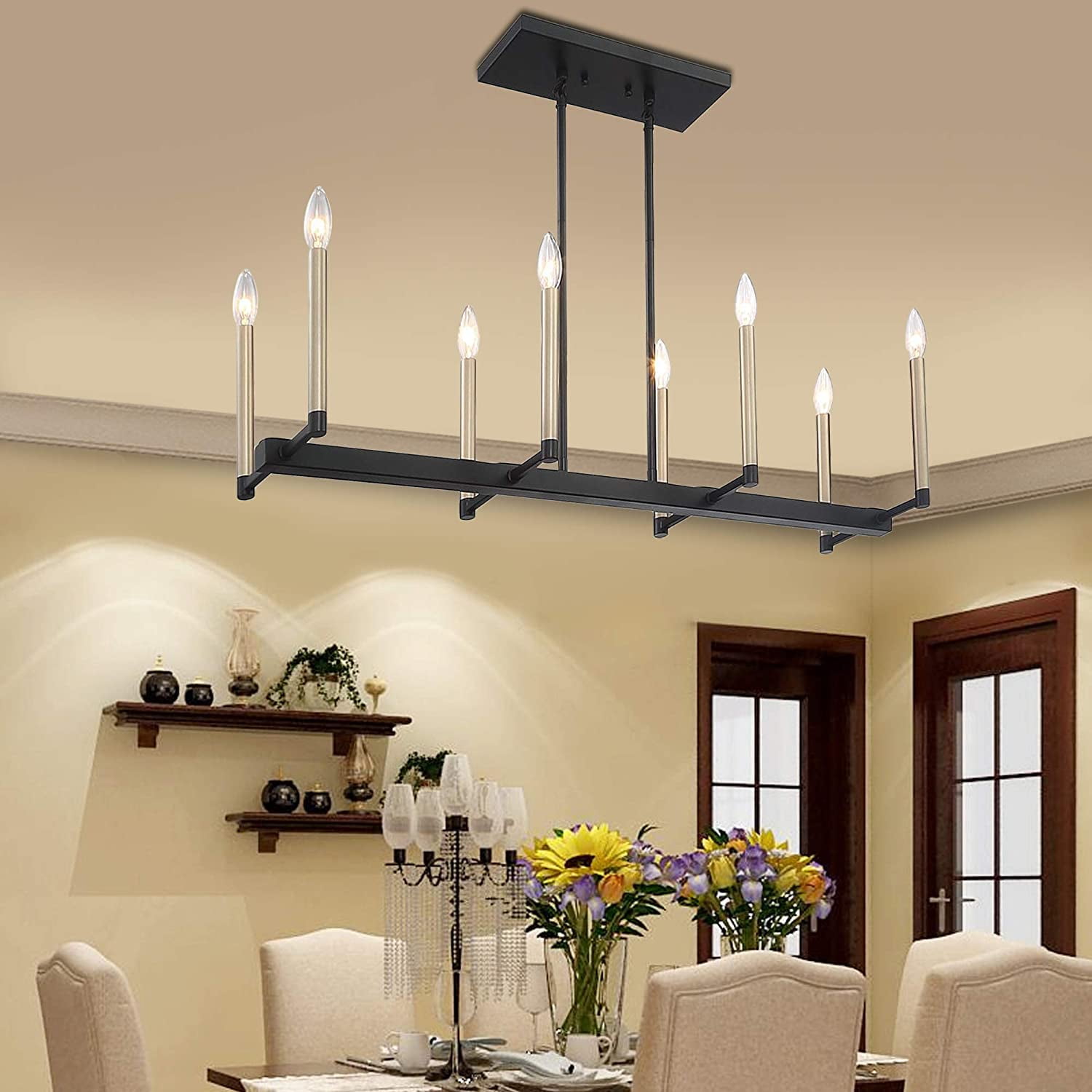 Vanity Art 8 Light Linear Pendant Chandelier Light Brass Finished Ceiling Light Fixtures for