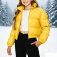 thumbnail image 2 of Girls Puffer Coat Bright Solid Color Warm Cropped Down Jacket No Hood Long Sleeve Stand Collar Zip Up Outerwear (1-2 Years, Yellow), 2 of 6