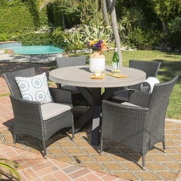 Sanibel Outdoor 5 Piece Grey Wicker Dining Set with Cushions, White, Silver