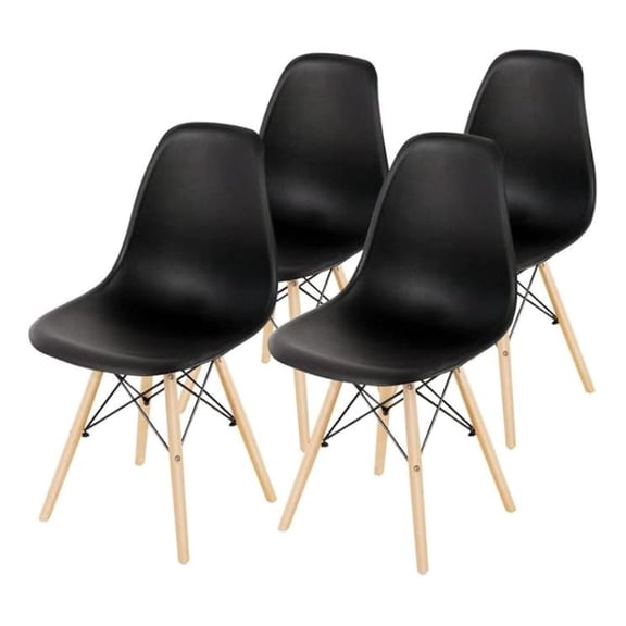 DSW Chairs Set of 4 Pre Assembled Modern Dining Chair with Sturdy Wooden Legs, Shell Lounge Plastic Chairs for Dining, Kitchen, Bedroom & Living (Set of 4 & Black)