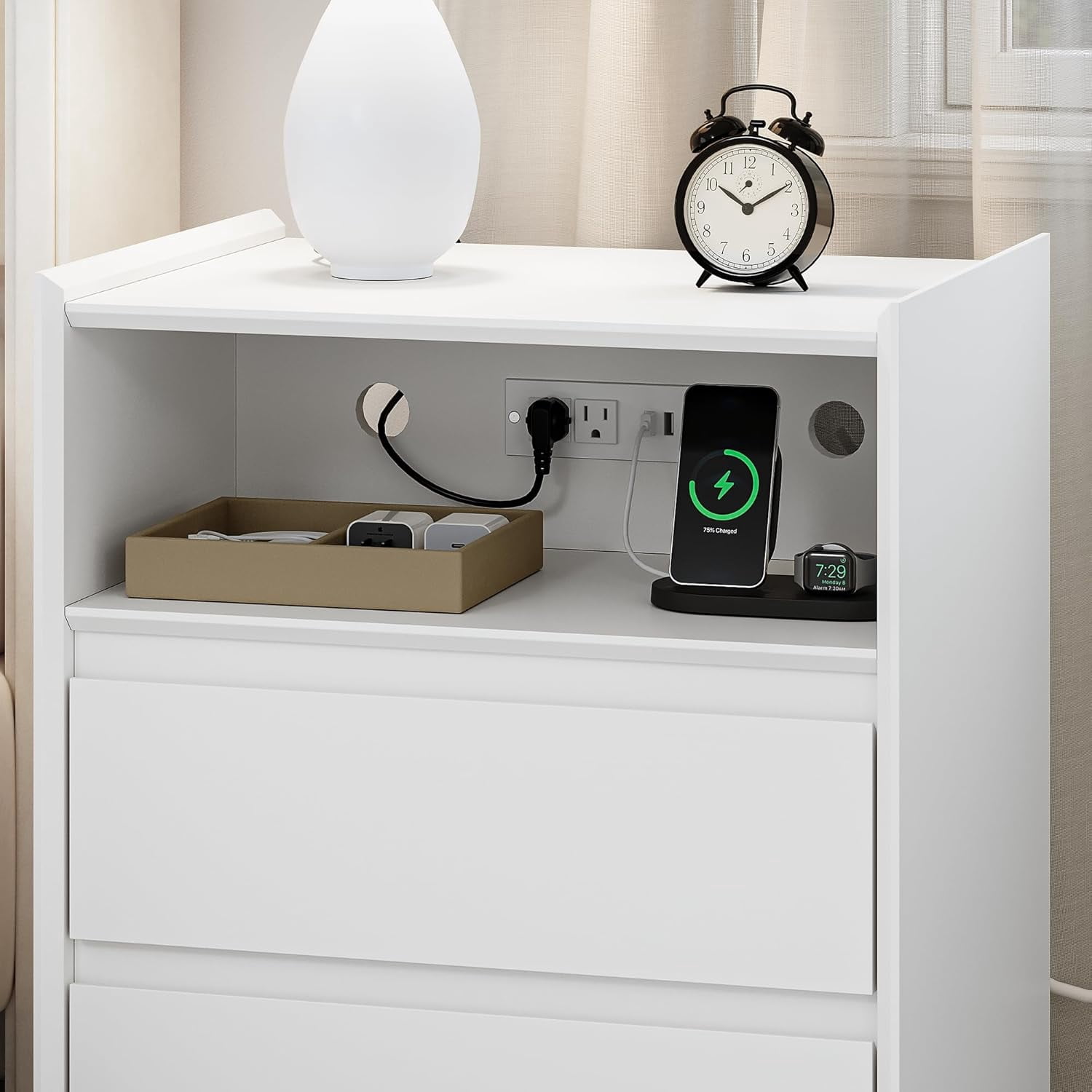 2 Drawers White Nightstand with Charging Station, 24" Tall Bedside Table End Table for Bedroom or Living Room