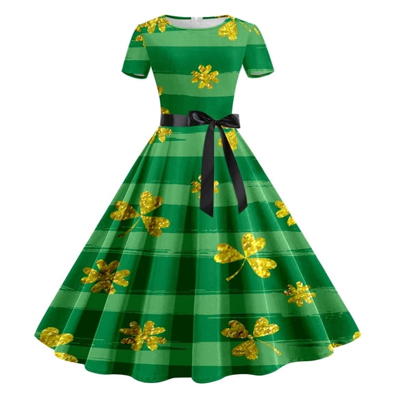 LIIPEE Girls Dresses Kids St. Patrick's Day Printed Lace Up Short Sleeve Crew Neck Dress Children Party Celebration Soft Cute Comfortable Breathable Pleated Dresses,Green,13-14 Years