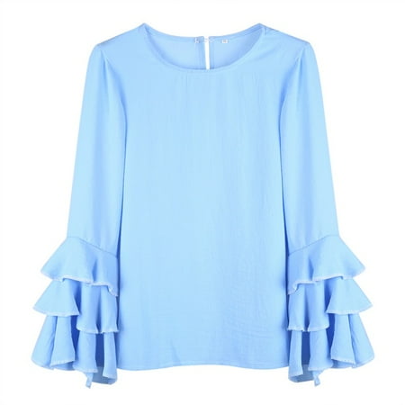 Ruffle Neck Wrap - EFINNY Women's Long Sleeve Ruffled Crew Neck Tops