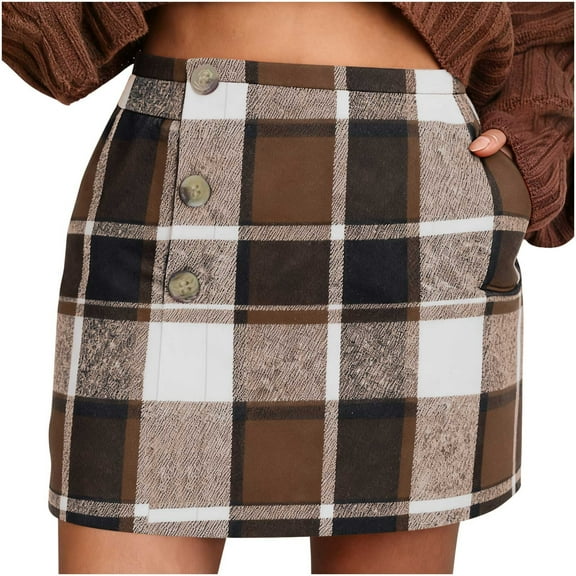 AKOEE High Waist Plaid Skirt Womens Bodycon Pencil Wool Blend Mini Short Skirts with Buttons (XL, Brown)