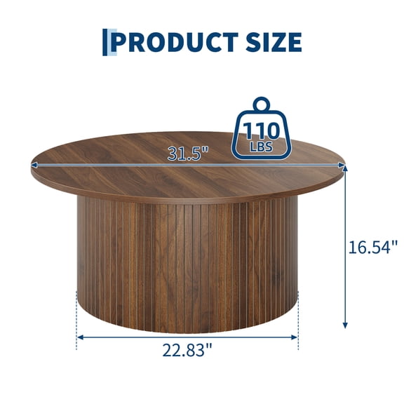 Eastvita 31.5" Round Coffee Table Small Table with Fluted and Metal Frame Circle Table for Living Walnut