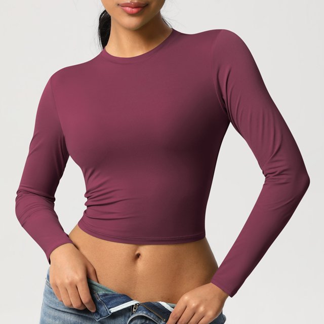 JMKQLZ Haut à Manches Longues Décontracté Mode Couleur Unie Sport Yoga Séchage pour Femmes
