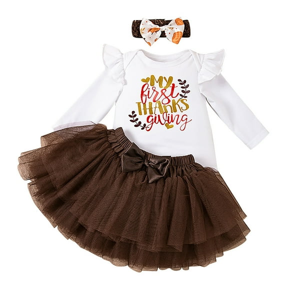 HNMKIU Baby Girl Outfits Thanksgiving Bodysuit Tutu Skirt Headband Clothes Set with Long Sleeve Romper for Holiday Photoshoot and Party White-c,6-9 Months