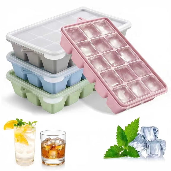4 Pack Silicone Ice Cube Trays with Lids, BPA Free Easy Release Ice Molds, Reusable Stackable Freezer Ice Trays for Cocktails, Whiskey