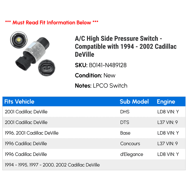 A/C High Side Pressure Switch - Compatible with 1994 - 2002