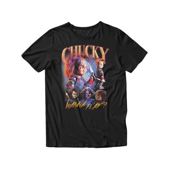Chucky Child's Play Wanna Play Graphic Short Sleeve T-Shirt for Men (Black, S-XXL)