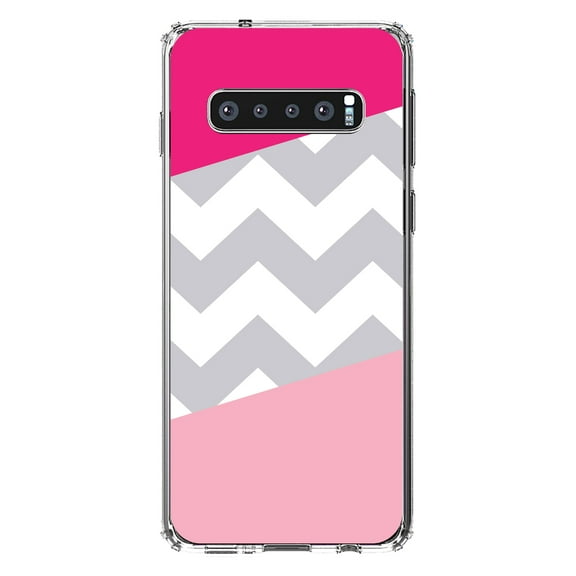 DistinctInk Clear Shockproof Hybrid Case for Samsung Galaxy S10  PLUS(6.4" Screen) - TPU Bumper, Acrylic Back, Tempered Glass Screen Protector - Hot Pink Block Grey Chevron - Stripes Pattern