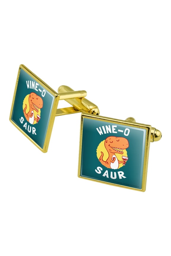 Wine-O Saur Dinosaur Wine Lover Funny Humor Square Cufflink Set - Silver or Gold