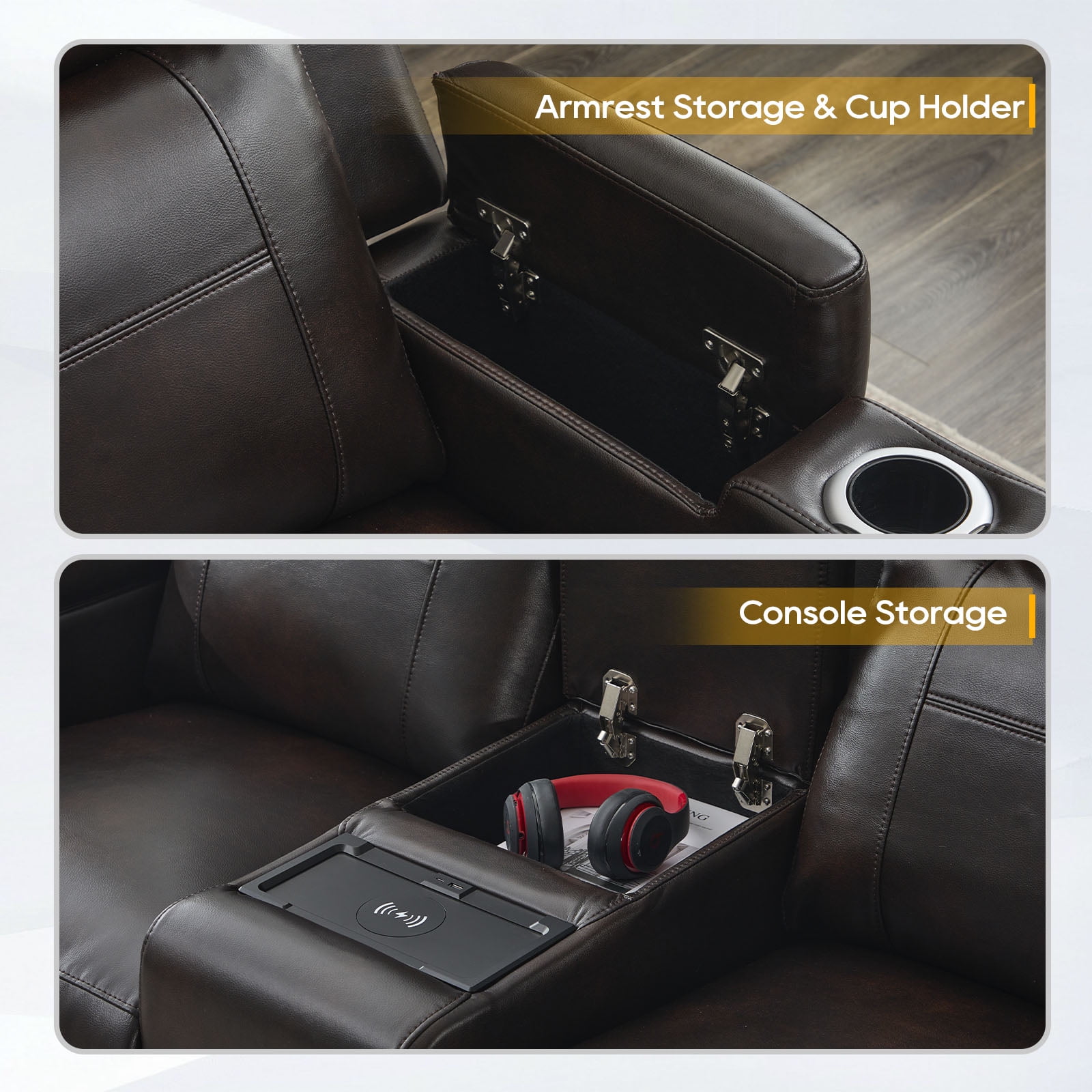 Power Loveseat Recliner Sofa, Home Theater Seating with Adjustable Headrest, Blue LED Lighting, Reclining Loveseat, Storage, Cup Holder, USB, Wireless Charging