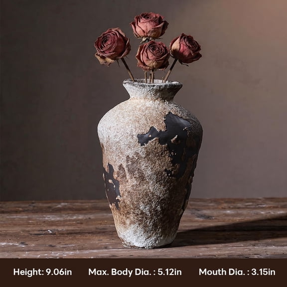 Rustic Zen-Inspired Ceramic Vase | 9.1" Tall Textured Decorative Flower Vase for Home Decor, Living Room, Entryway | Handcrafted Earthy Finish, 3.1" Opening