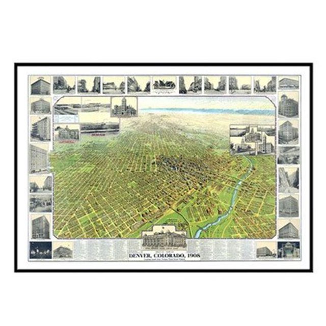 Universal Map 16192 Denver 1908 Historic Print Framed Framed Frame Cadre de Carte - Noir
