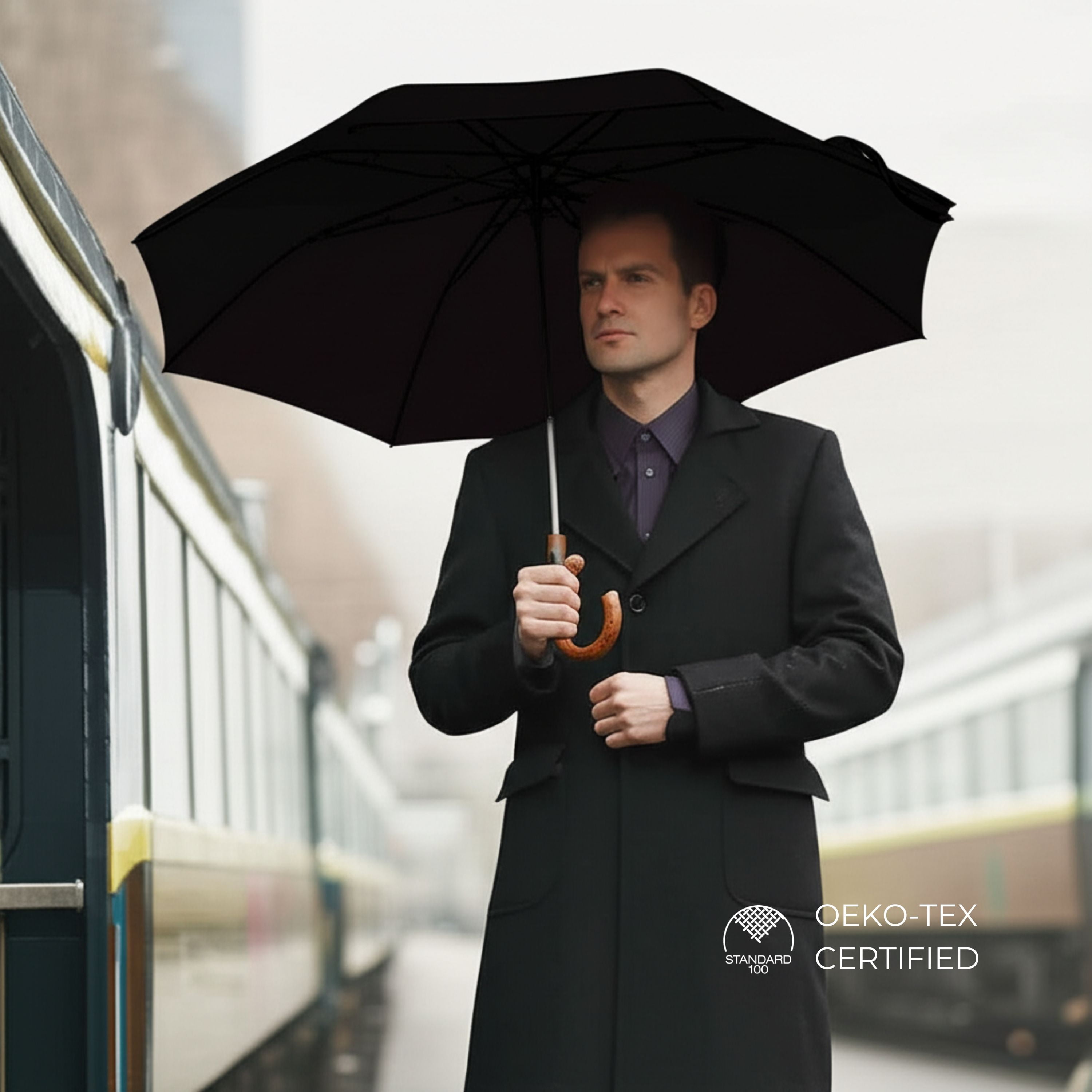 Knirps S.770 36" Long Automatic Stick Umbrella in Pattern – Premium Rain Protection with a 44.5" Canopy, 10 Reinforced Ribs, Italian Maple Wood Hook Handle, Windproof up to 62 mph, Gift Box Included