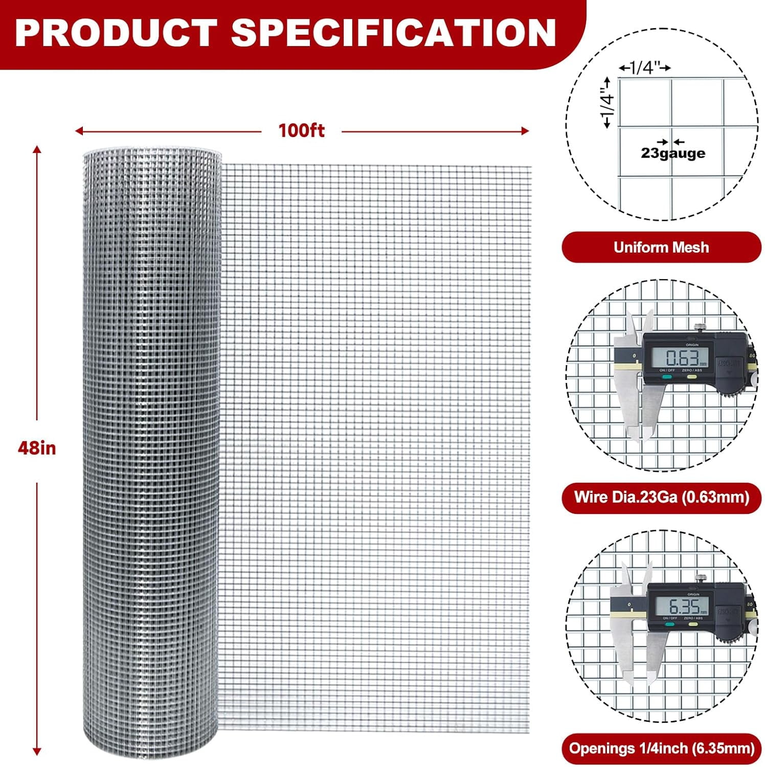 1/4'' 48'' X 100' Hardware Cloth, Chicken Wire Fencing Double Layer Hot Dip Galvanized, Wire Mesh Fence Chicken Rabbit Snake Cage Wire Fence Mesh Roll, for Chicken Coops, Fencing, Garden Protection