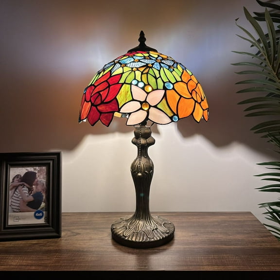 Tiffany Table Lamp Red Orange Stained Glass Rose Flowers LED Bulb Included for Living Room Dining Room Bedroom Bedside Office Hotel 19"H*12'W