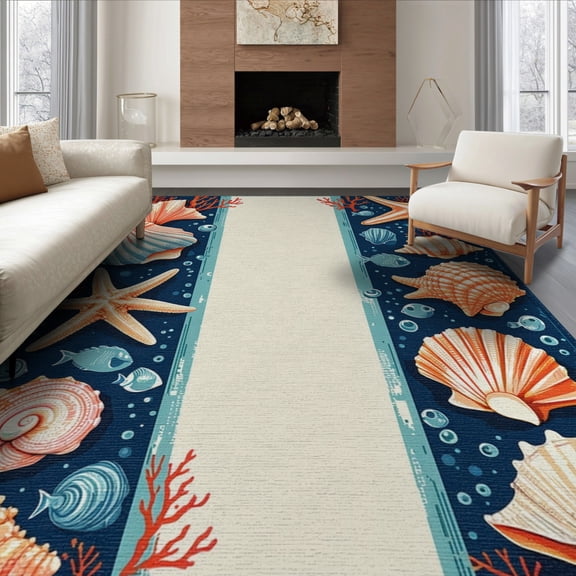 ODIKA 8'x10' Washable Area Rug Striped Coral Reef Starfish Seashell Border Nautical Motifs for Living Room, Under Sectional, Family , Durable, Non-Slip
