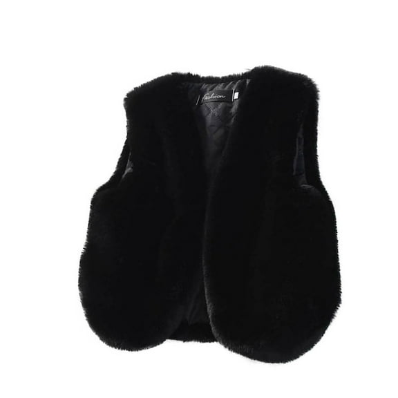 TEAJOPSUU Girls Boys Faux Fur Vest Coat Toddler Kids Warm Fuzzy Furry Open Front Jacket Soft Fleece Sleeveless Outerwear Jacket with Pockets 1-10 Years Black