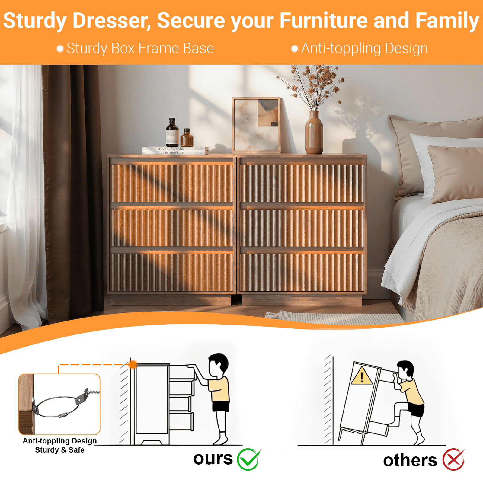 UPGO 27.5'' Fluted Dresser for Living Room, Bedroom, Hallway, Entryway with Deep 3 drawers, Wooden Dresser