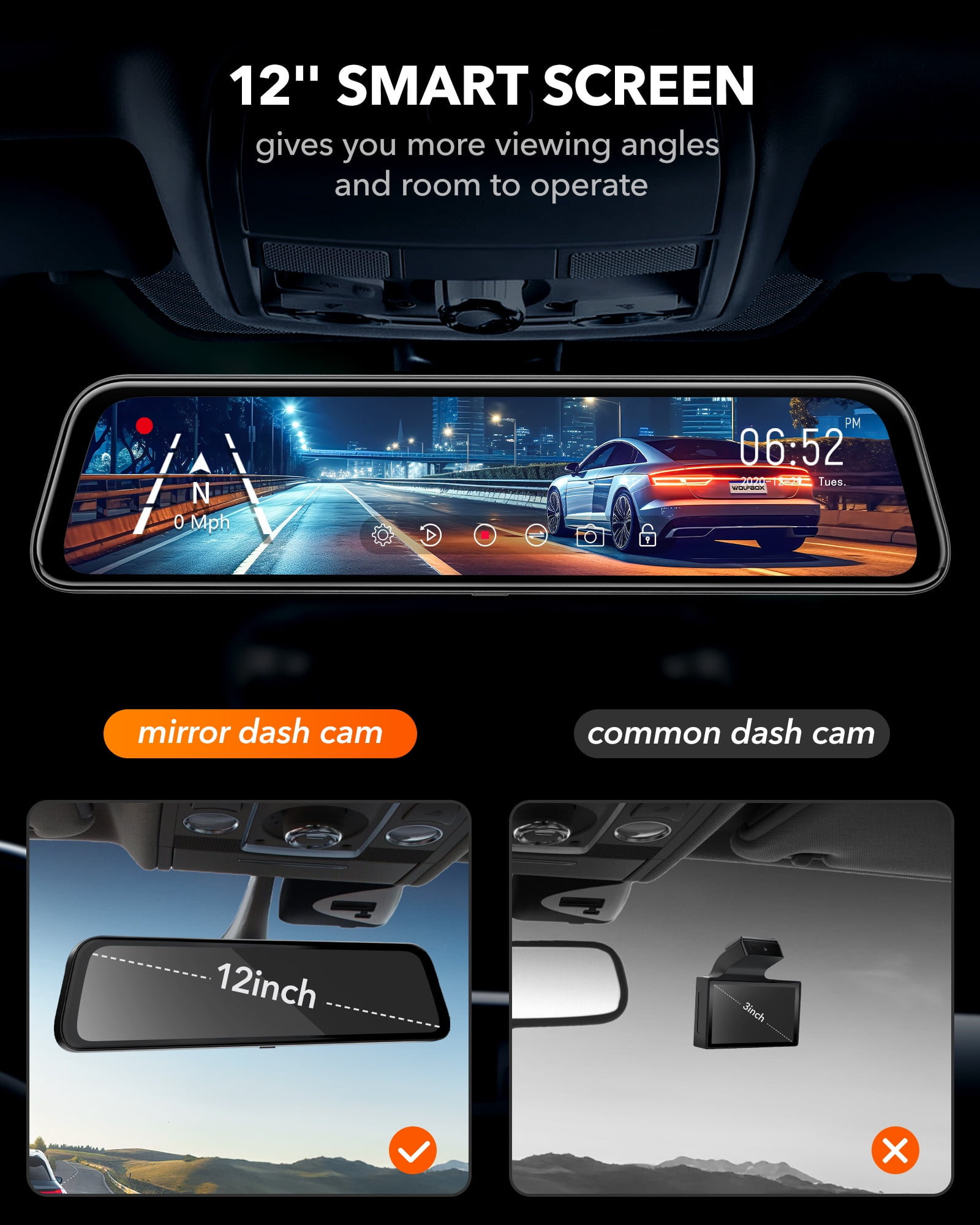 Wolfbox G890 12 Inch 3 Channel Rear View Mirror 4K Dash Cam