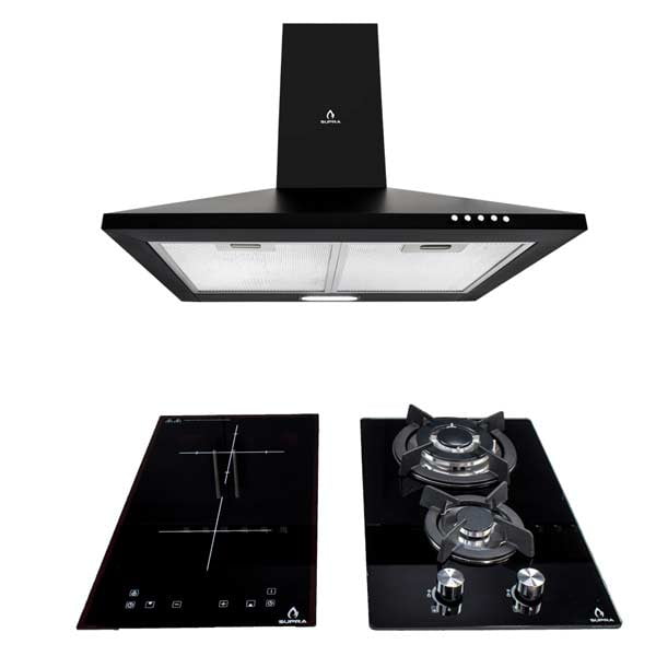 Tricombo SUPRA Campana de pared tipo moño color negra parrilla de inducción de dos quemadores parrilla de gas empotrable