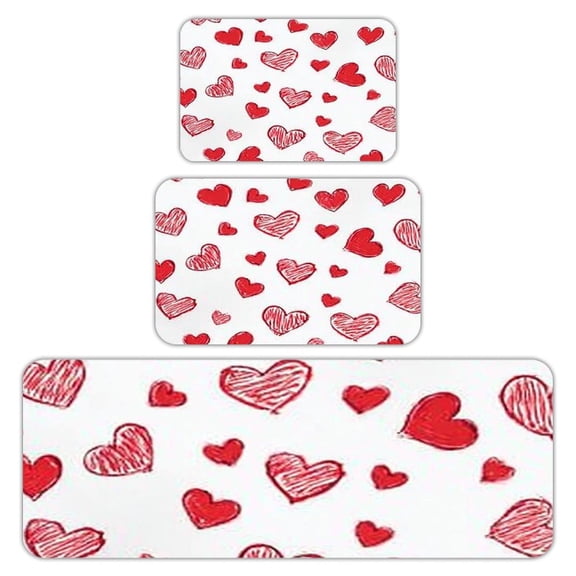RKSupls Kitchen Rug Set 3 Piece Anti-Slip Flannel Floor Mats, Red Hearts Pattern Washable Absorbent Runner Mats for Kitchen Bathroom Home Decor
