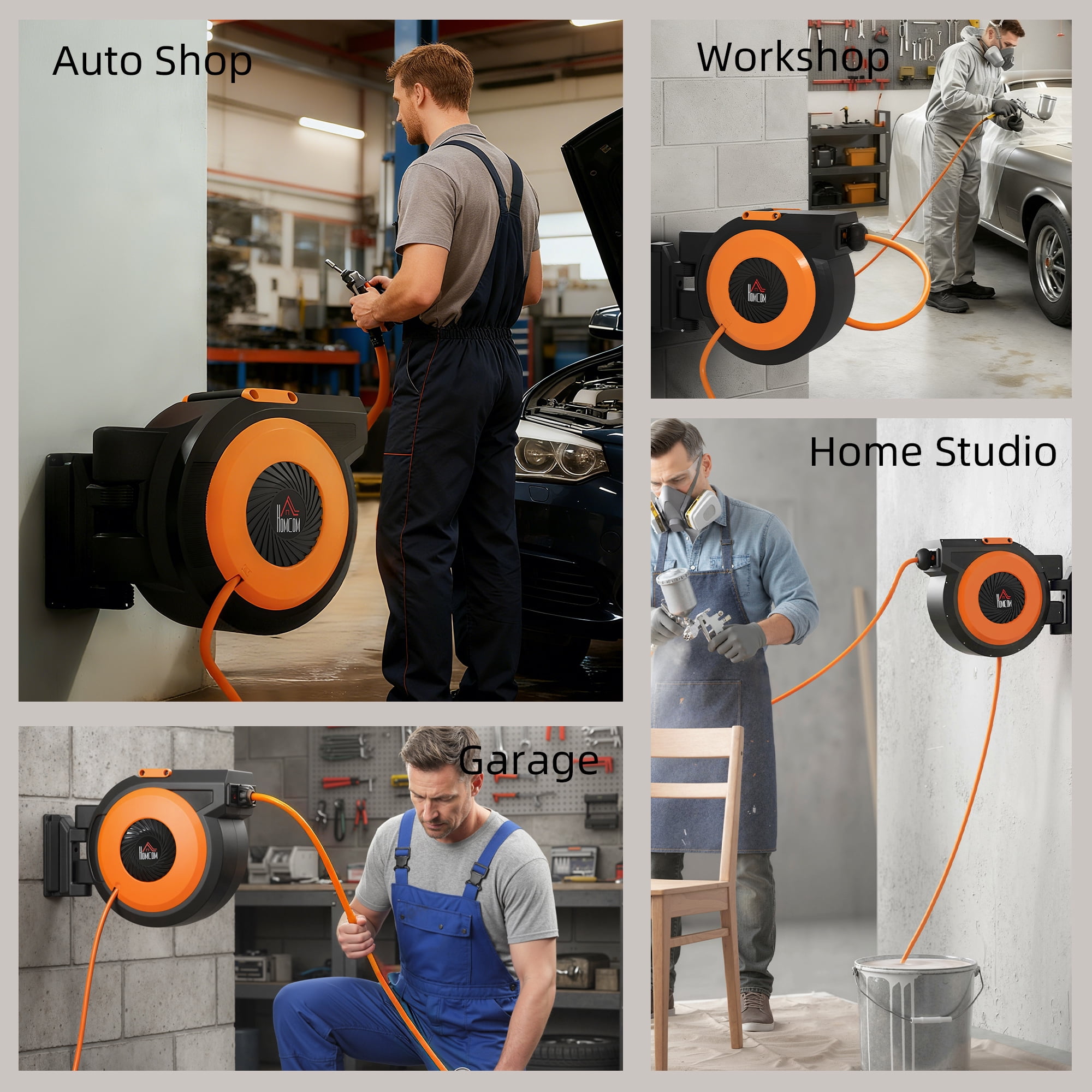 HOMCOM Retractable Air Hose Reel, Auto Rewind Air Compressor Hose Reel with Swivel Bracket, 3/8 in x 98 ft, 6.6 ft Lead in, 300 PSI, Black and Orange