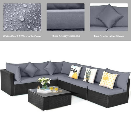 Costway 7 PCS Patio Rattan Sofa Set Sectional Conversation Furniture Set Garden Outdoor - Gray +Black