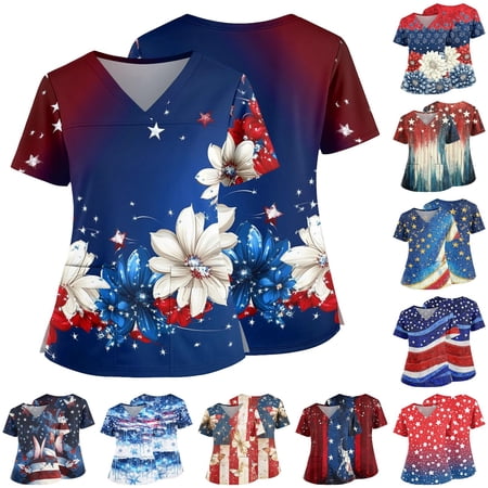 USA 250th Anniversary Scrubs Top for Women - Floral Patriotic V-Neck Nursing Uniform with Pockets Ombre Gradient Short Sleeve Tunic Red L