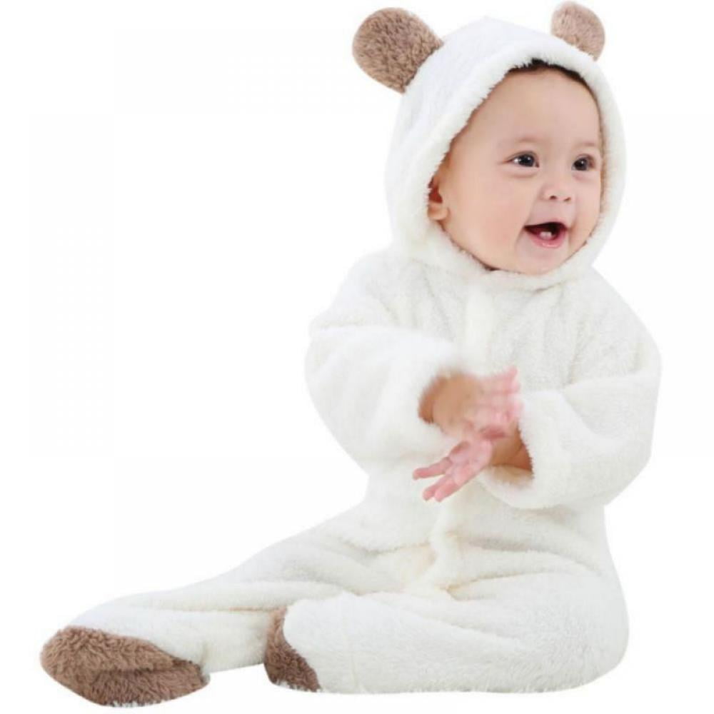 Newborn Baby Cartoon Bear Snowsuit Winter Coat Fleece Hooded Romper Jumpsuit 