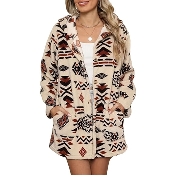 Women'S Long Sleeve Zip Up Coat Faux Fur Ethnic Print Fall Jacket with Pocket Teddy Cropped Oversized Outwear Khaki XL