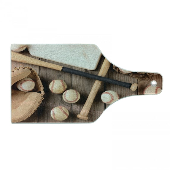 Baseball Cutting Board, Sports Themed Close up Photo of Bats Balls and Gloves Top Vista, Decorative Tempered Glass Cutting and Serving Board, in 3 Sizes, by Ambesonne