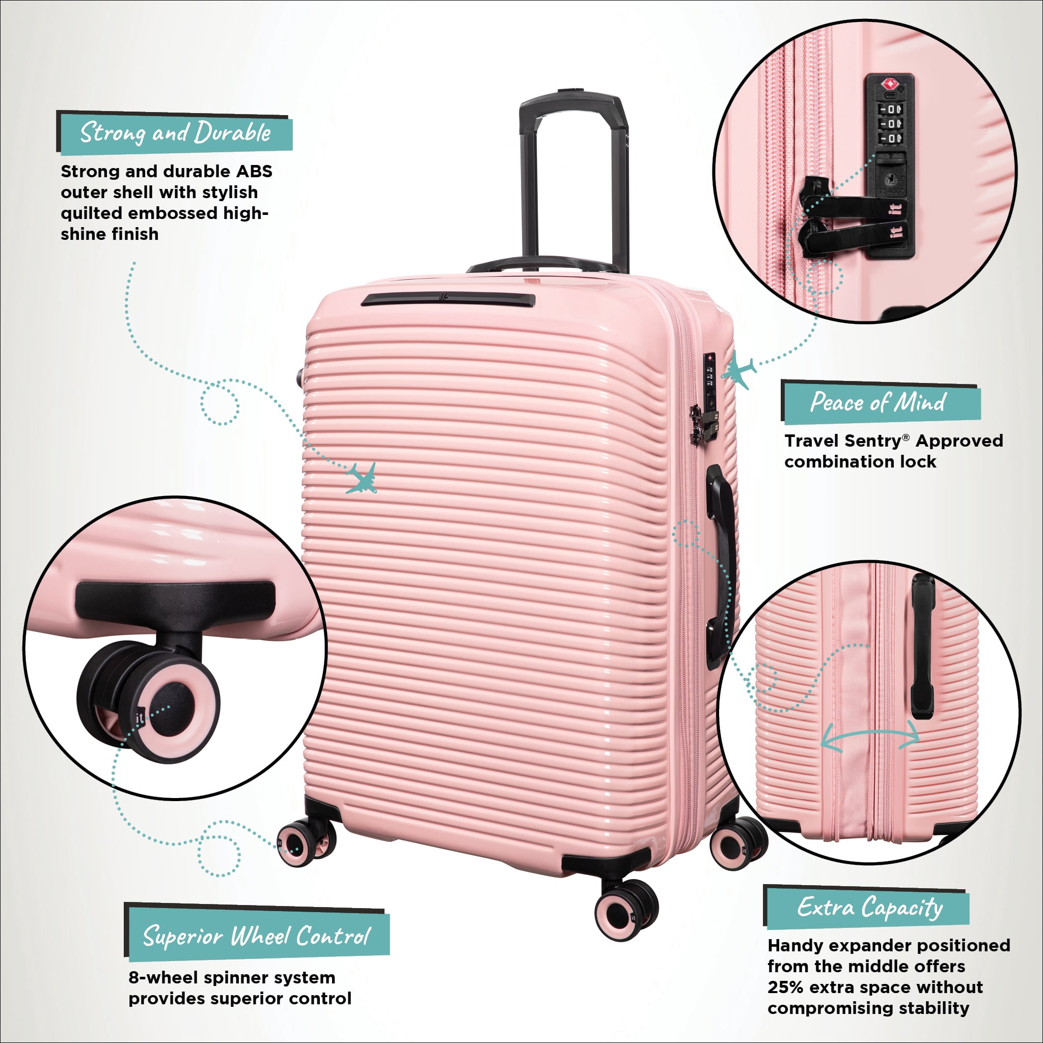 it luggage Traversed 32" Hardside Checked 8 Wheel Expandable Luggage Suitcase Spinner, Metallic Rose Gold
