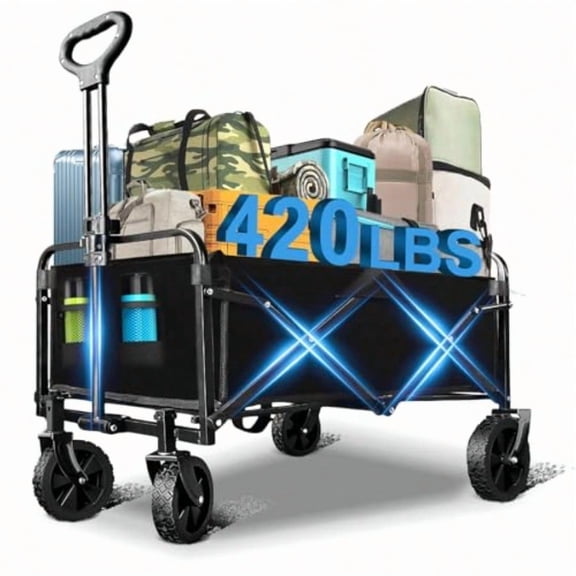 Wagons Carts Foldable Collapsible Wagon with All-Terrain Wheels 420lbs Weight Capacity Heavy Duty Utility Wagon with Drink Holders for Beach Garden Camping Shopping Groceries Sports