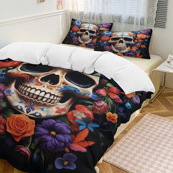 Colorful Flower Skull 3 Pieces Duvet Cover with Zipper Closure,Premium Polyester Lightweight Bedding Set