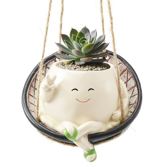 LINFANG Swing Planter Pot Smile Face Swing Flowers Pot Cute Hanging Swing Planter Resin Swing Plant Pot for Indoor Outdoor Resin Hanging Planter Pots for Succulents Pearls 14.3 × 13.5 × 10.8cm
