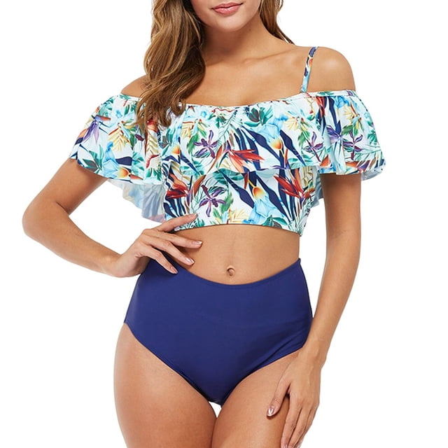 PENGXIANG Women‘s Ruffled Two Piece Swimsuit Floral Printing High Waisted Bathing Suit Tummy Control Swimwear Bikini