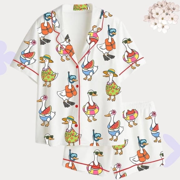 Duck Vacation Pajama Set for Women, Funny Goose Print Sleepwear, Cute Animal Pajamas Loungewear Gift