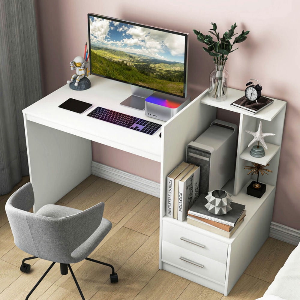 Demi Bonn Computer Desk Home Office with Bookshelf and Drawers, Small Home Office Desk Study Writing Table, White