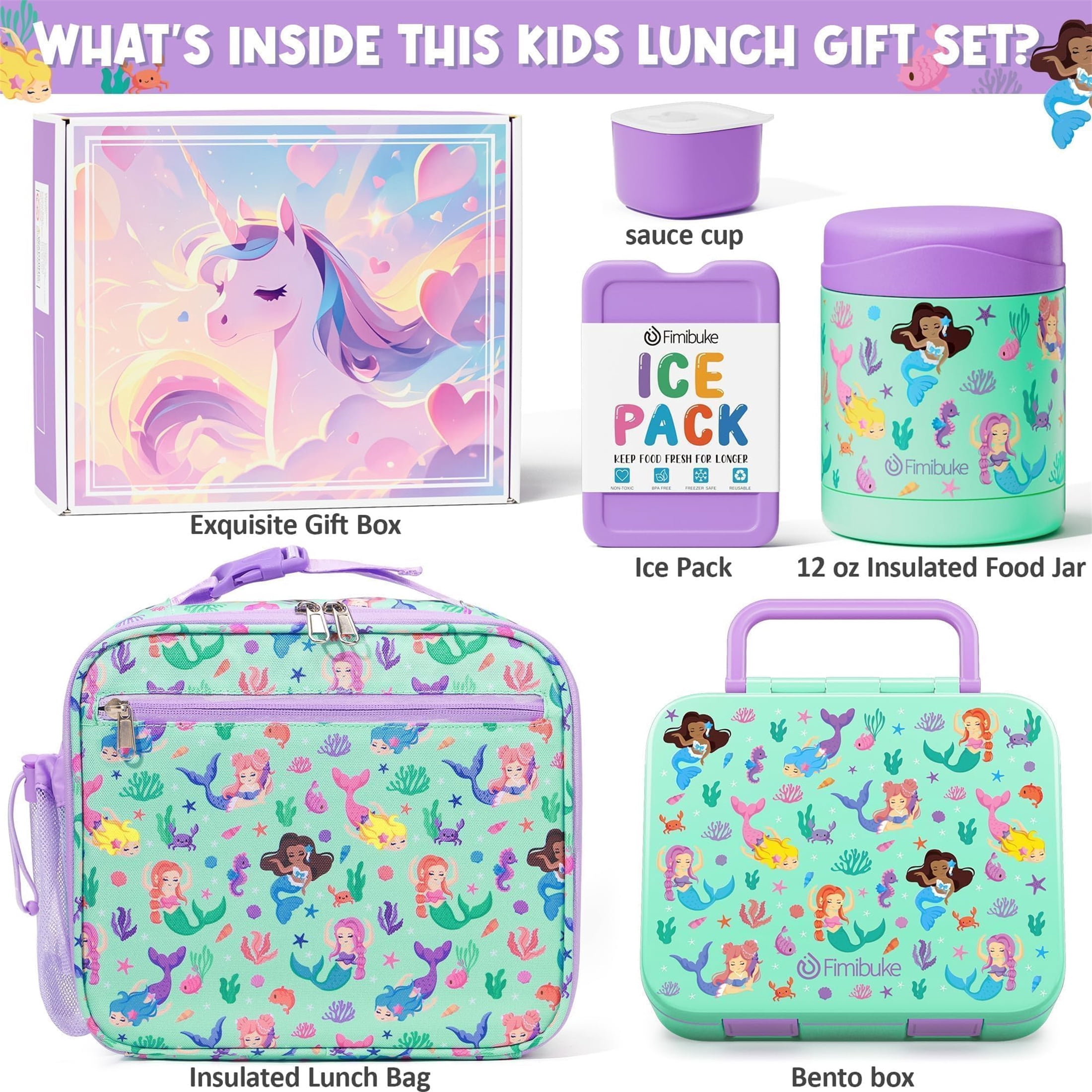 Bento Lunch Box 3-Compartment 32OZ Snack Lunch Container, Lunch Bag, 12OZ Insulated Food Jar & Ice Pack Set for School, Work, Travel, or Picnic (Mermaids)