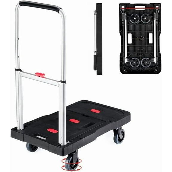 Folding Hand Truck 330 Lbs/150kg Heavy Duty Dolly Cart with 4 Wheels Portable Platform Truck Lightweight Foldable Utility Luggage Push Cart with Adjustable Handle for Auto, Luggage, Travel, Shopping